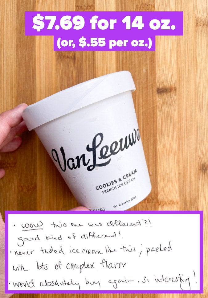 A pint of Van Leeuwen ice cream with notes that say, &quot;lots of complex flavor.&quot;