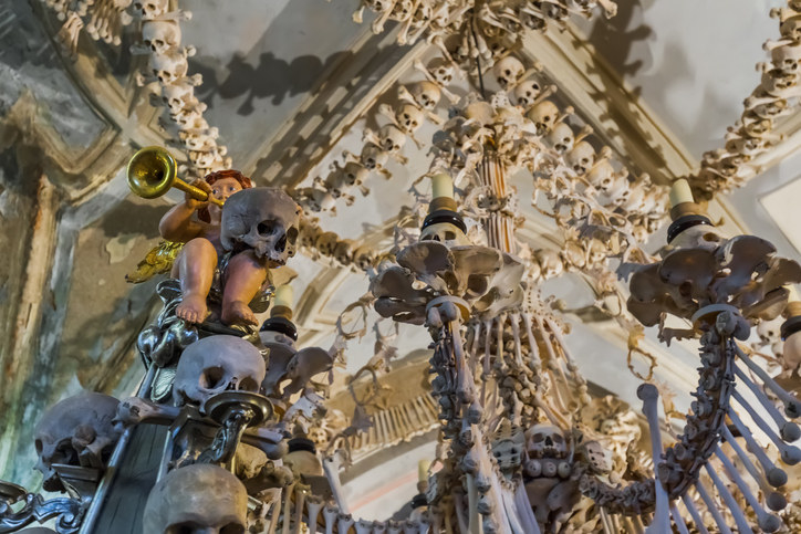 close up of skulls and bones in the church