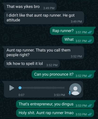 Text exchange that ends with &quot;That&#x27;s entrepreneur, you dingus Holy shit. Aunt rap runner lmao&quot;