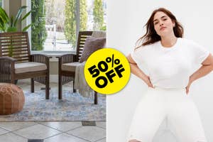 Two wooden patio chairs on a rug, A person wearing a plain tee with jeans