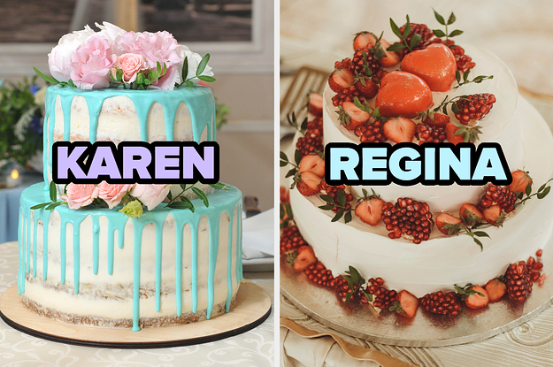 On the left, a naked layer cake with a bold glaze and flowers on top labeled Karen, and on the right, a layer cake topped with berries labeled Regina
