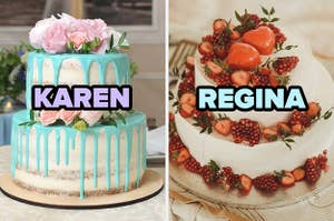 On the left, a naked layer cake with a bold glaze and flowers on top labeled Karen, and on the right, a layer cake topped with berries labeled Regina