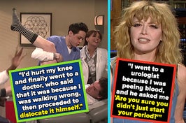 Left: Pete Davidson wraps an arm around the leg of Kit Harrington as he lays in a hospital bed in "Saturday Night Live" Right: Natasha Lyonne squints in a promo for "Saturday Night Live"