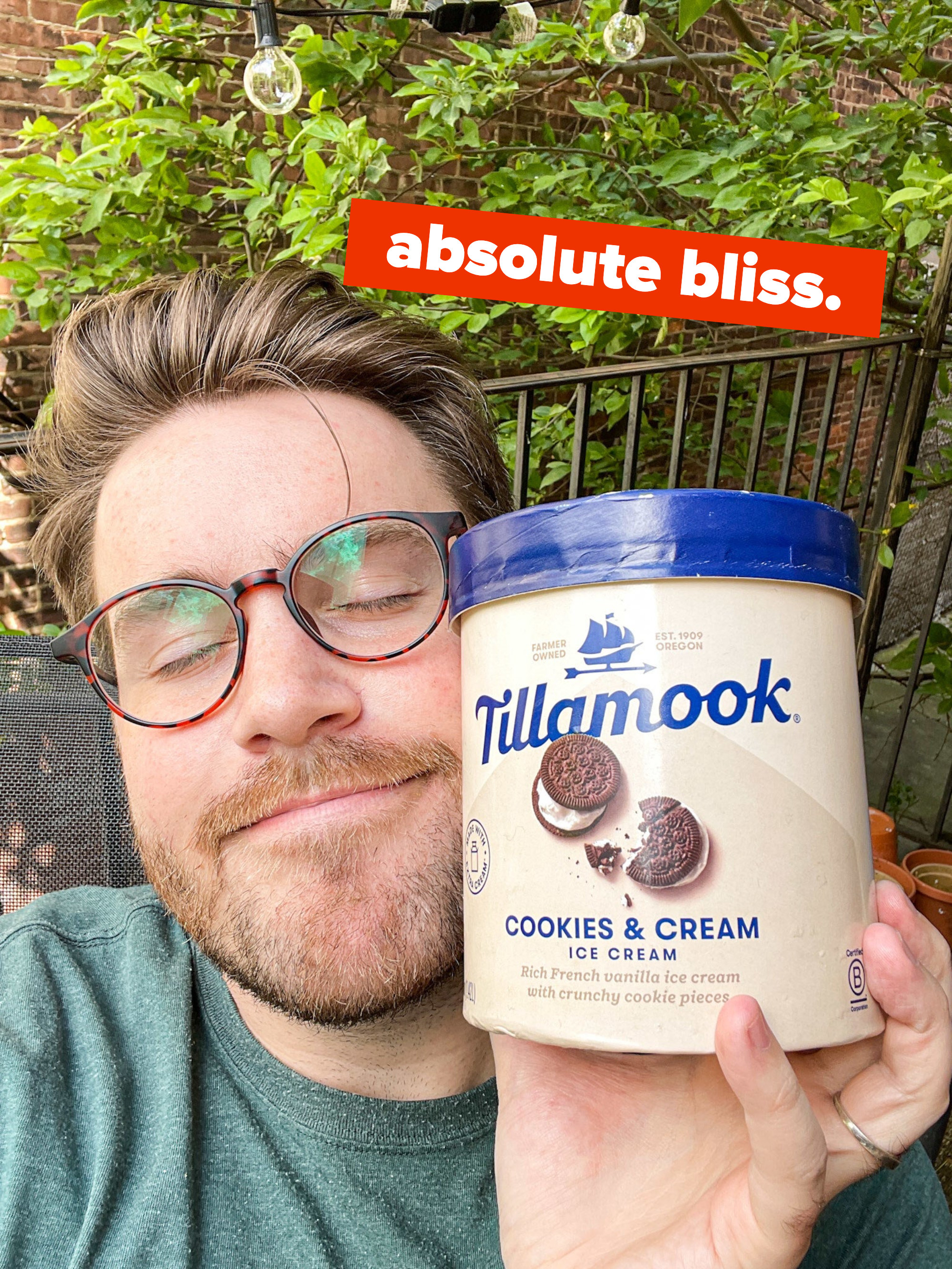 Ross holds a pint of Tillamook ice cream with text. that reads &quot;absolute bliss.&quot;