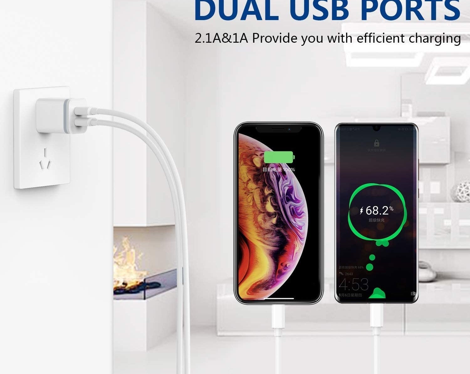 the charging block plugged into a wall with phones plugged in