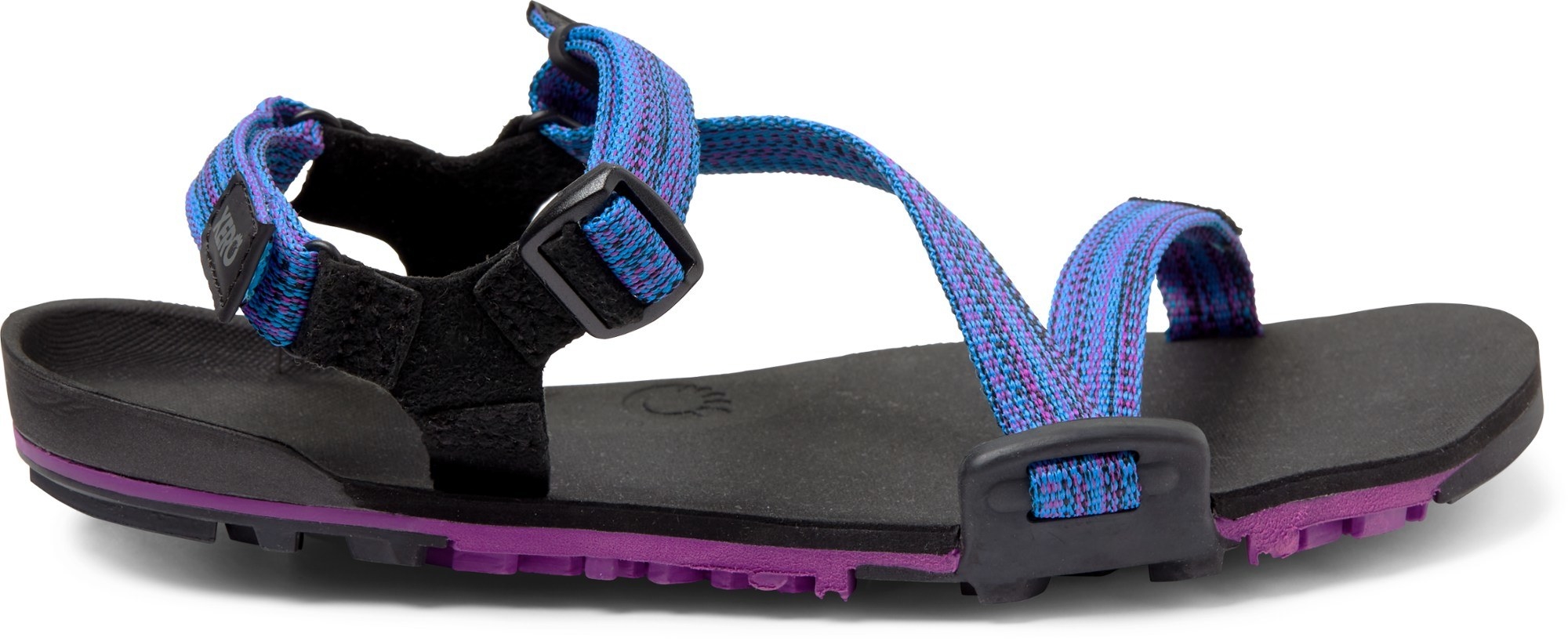 the sandal in black with blue straps and a purple sole