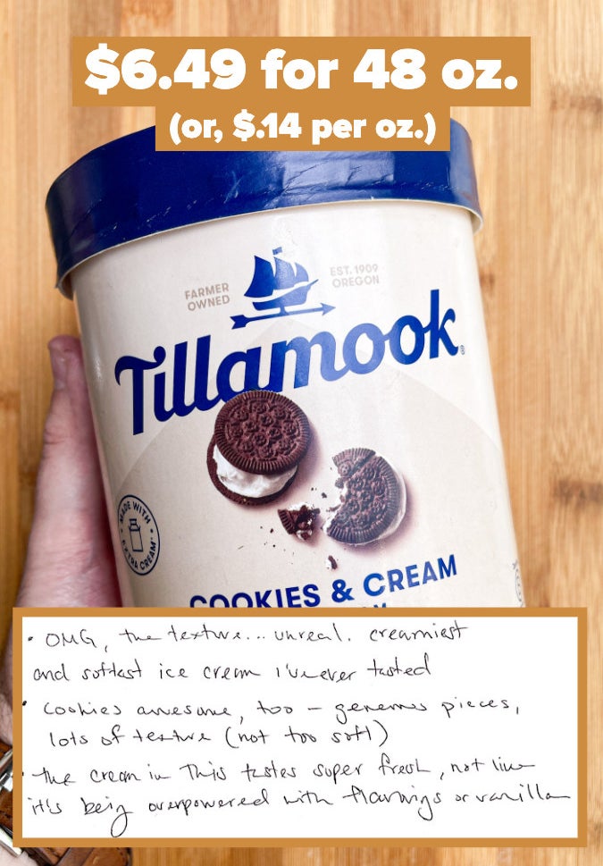 A pint of Tillamook ice cream with notes that read, &quot;Cookies awesome, too - generous pieces, lots of texture (not too soft)&quot;