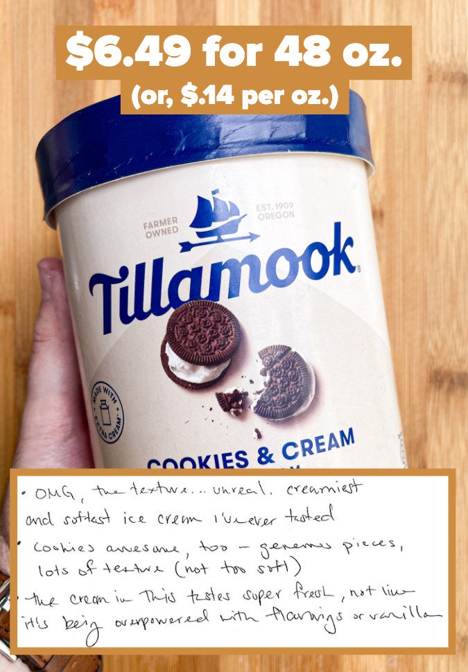 A pint of Tillamook ice cream with notes that read, &quot;Cookies awesome, too - generous pieces, lots of texture (not too soft)&quot;