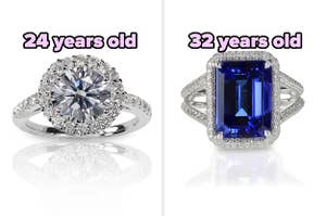 On the left, a diamond engagement ring labeled 24 years old, and on the right, a sapphire engagement ring labeled 32 years old
