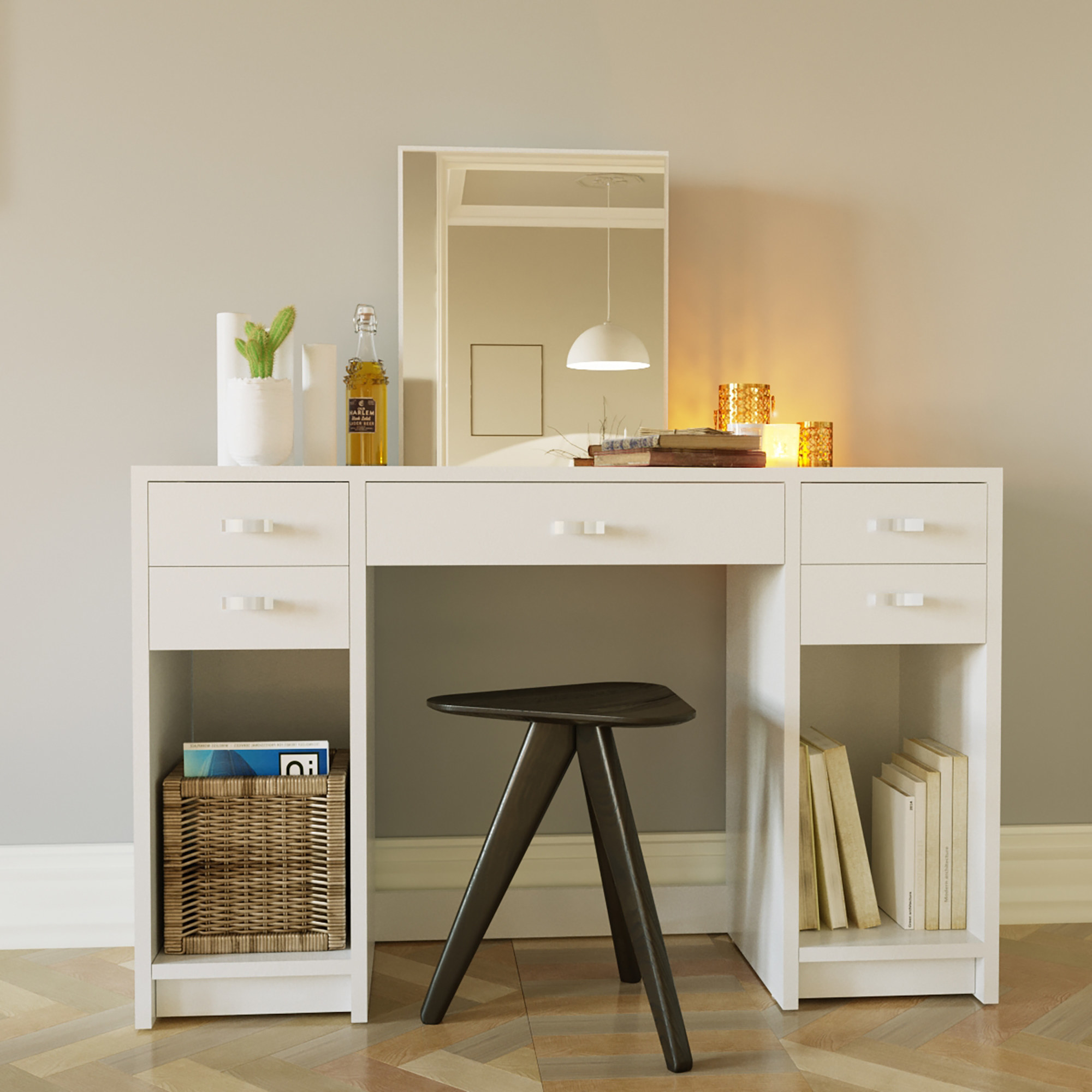 white vanity with five slimmer drawers, two large open shelves, and a rectangular mirror