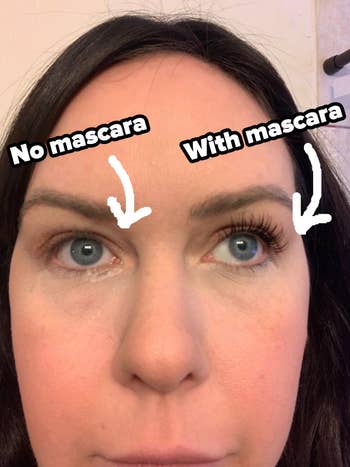 reviewer photo of them wearing the mascara on one eye and not the other
