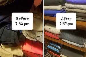 messy clothes at 7:32 pm and perfectly folded clothes after at 7:57 pm