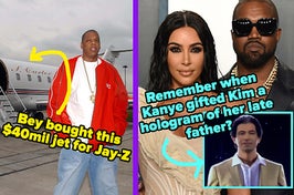 Jay-Z in front of a jet labeled "Bey bought this $40mil jet for Jay-Z" and Kim and Kanye captioned "Remember when Kanye gifted Kim a hologram of her late father?" with a picture of the hologram