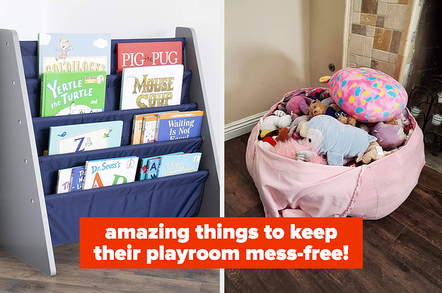 left image: book organizer, right image: bean bag stuffed animal storage bag