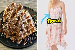 On the left, some waffles topped with chocolate and powdered sugar, and on the right, someone wearing a strapless dress with an arrow pointing to it and floral typed on top of it