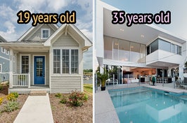 On the left, a tiny house with a sidewalk leading up to it labeled 19 years old, and on the right, a modern home with floor-to-ceiling windows and a pool out back labeled 35 years old