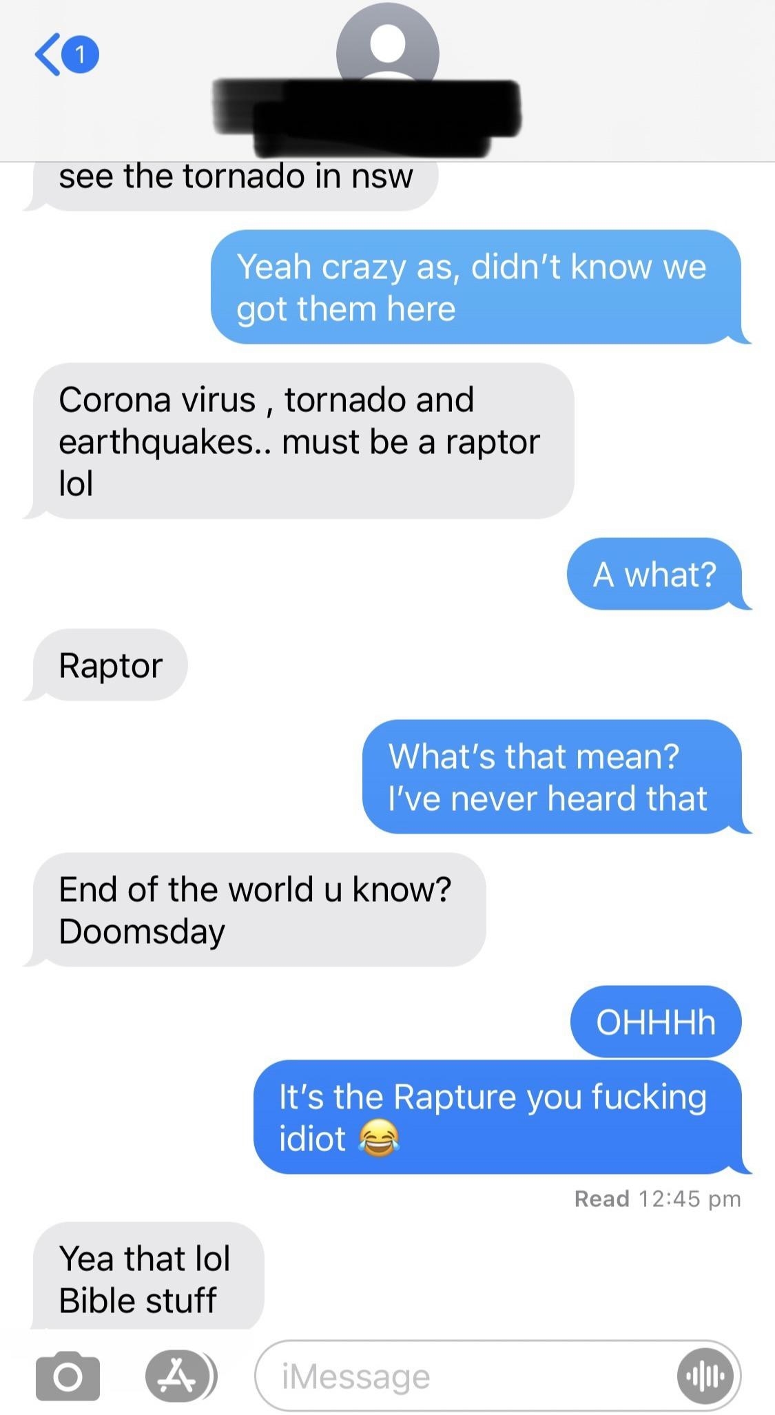 Text exchange where someone spells rapture, &quot;Raptor.&quot;