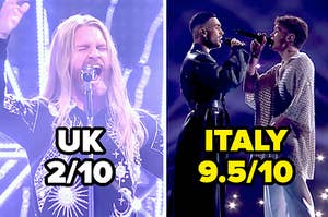 Stills from Eurovision with UK 2 out of 10 and Italy 9.5 out of 10 written on top