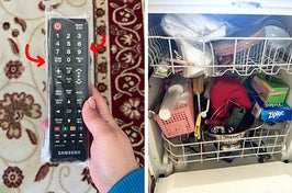 Left: A hand holding a TV remote covered in plastic; Right: A dishwasher used as extra storage