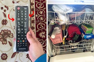 Left: A hand holding a TV remote covered in plastic; Right: A dishwasher used as extra storage