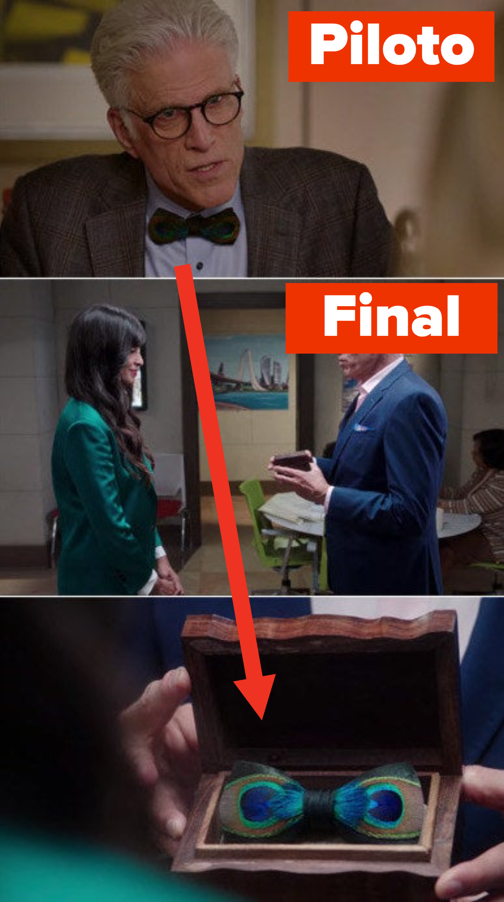 Michael giving Tahani a bowtie and a picture of him wearing the bowtie in the pilot