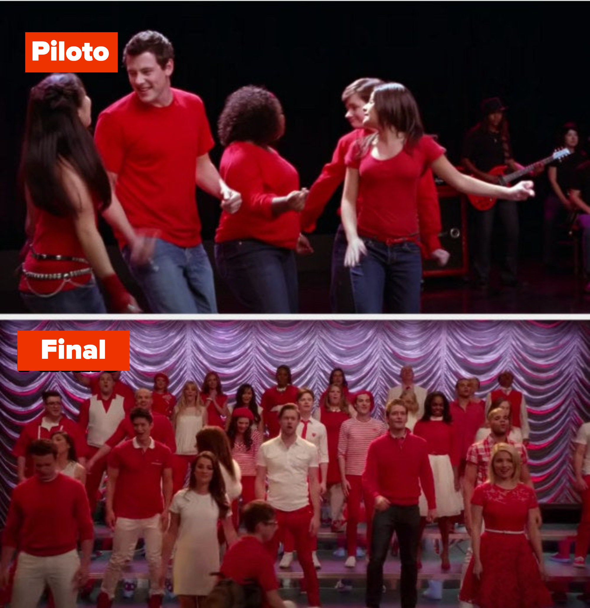 The New Directions wearing red in their first and last performances on the show