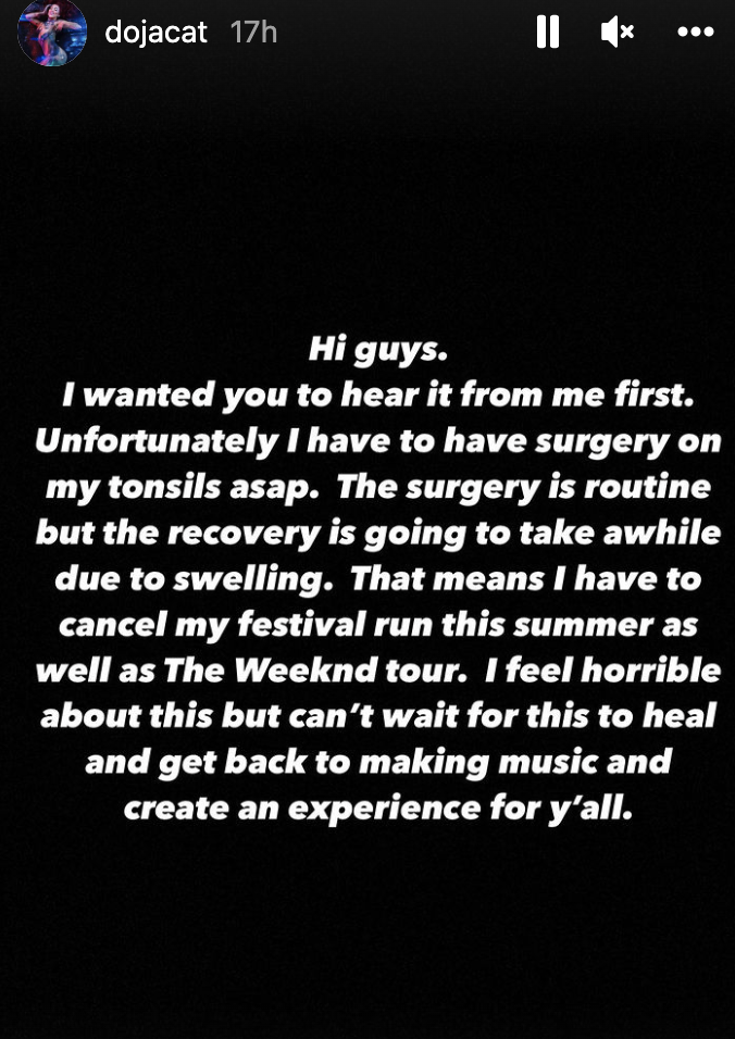 Doja&#x27;s IG note apologizing for cancelling shows due to her surgery