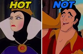 Maleficent is on the left labeled "hot" with Gaston labeled, "not"