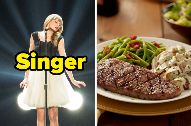 Taylor Swift is on the left labeled, "Singer" with a plate of steak on the right