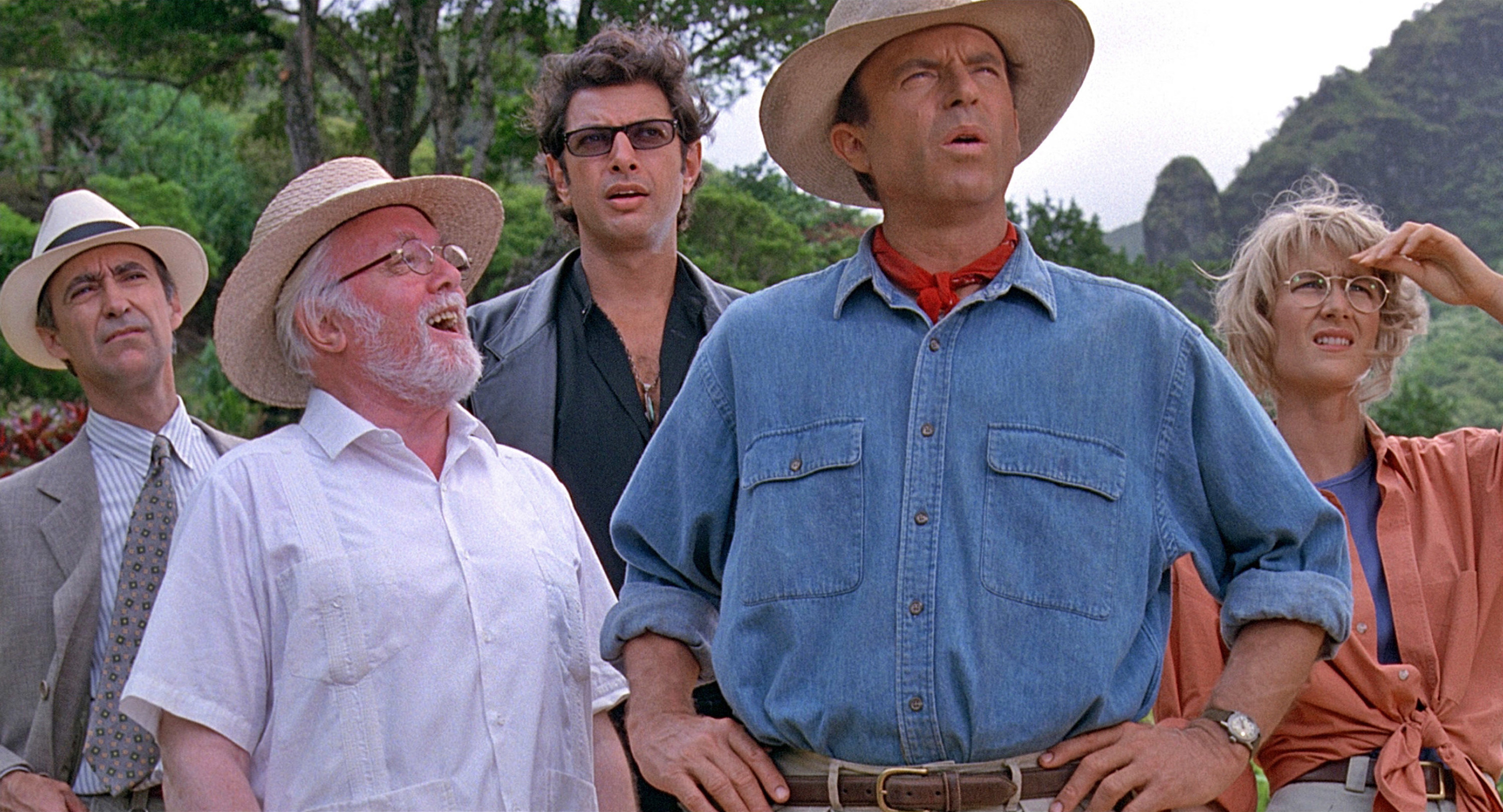 Martin Ferrero, Richard Attenborough, Jeff Goldblum, Sam Neill, and Laura Dern in &quot;Jurassic Park&quot;