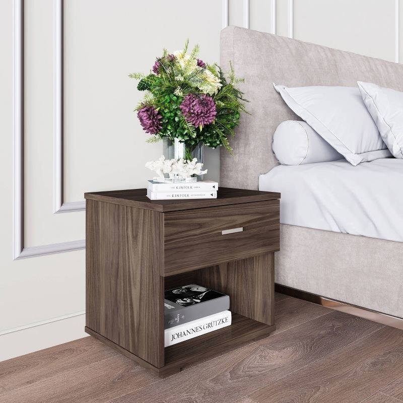 the easy to assemble modern minimal hardwood nightstand with a single euro glide drawer and cubby