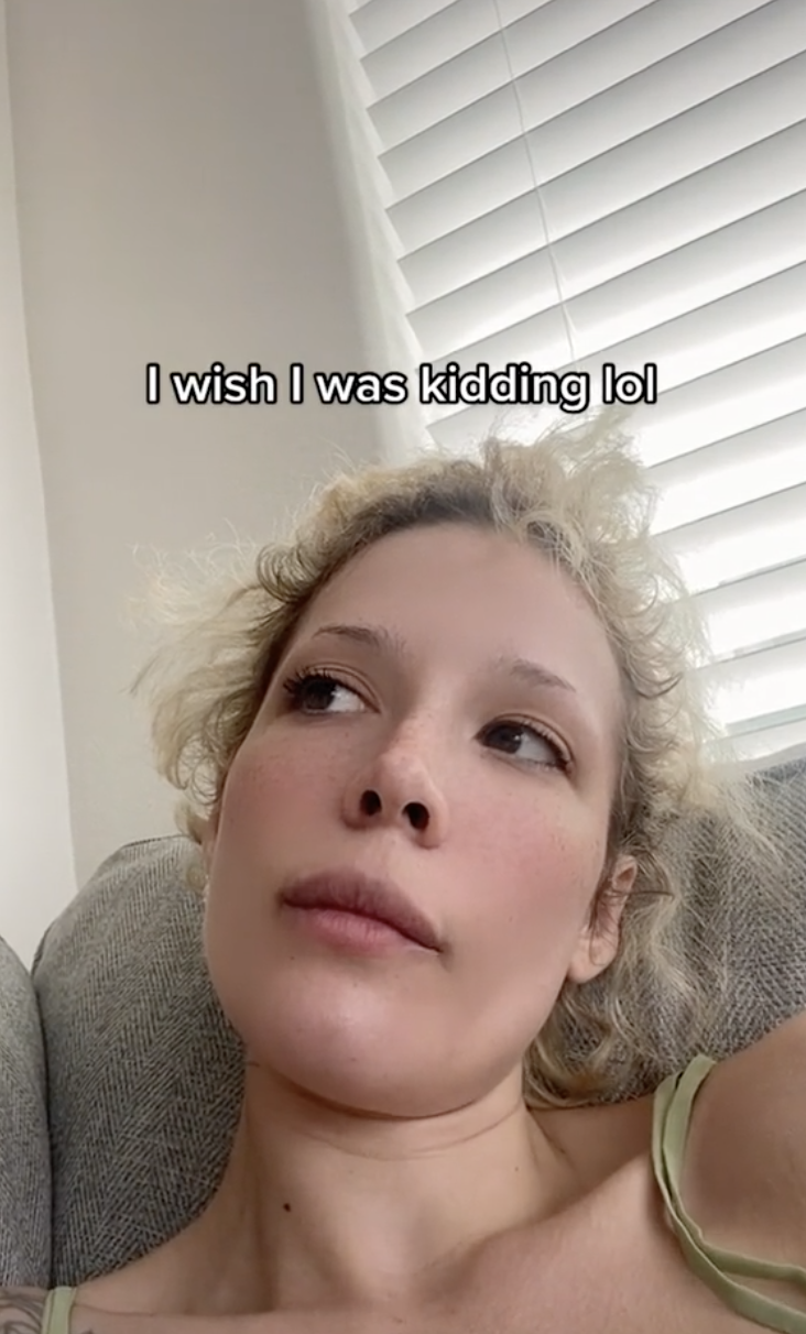 Closeup of Halsey on TikTok with text that reads, &quot;I wish I was kidding lol&quot;