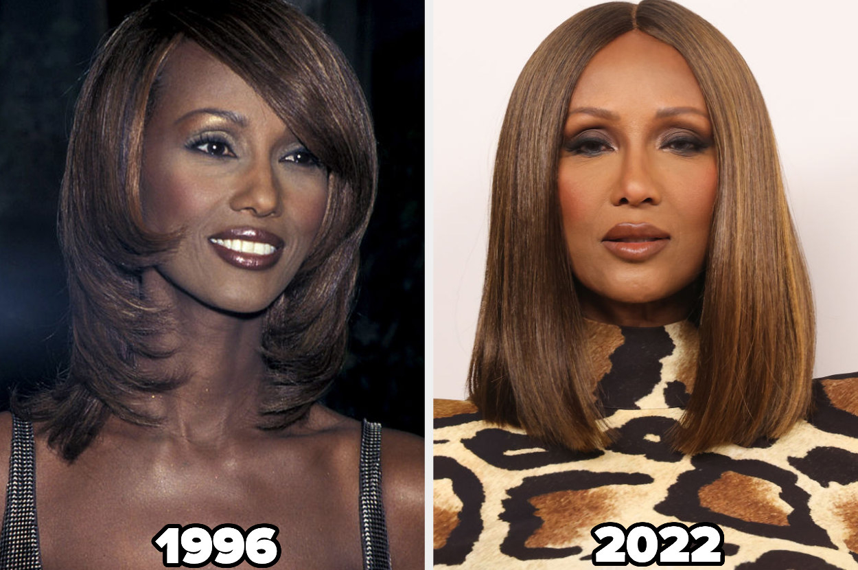 Iman is pictured at the Fragrance Foundation 24th &quot;FiFi&quot; Awards in 1996 and on the right at the Fifteen Percent Pledge Benefit Gala in 2022