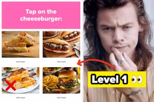 Harry Styles thinking, text saying "level 1" and a screenshot of a question asking you to tap on the cheeseburger