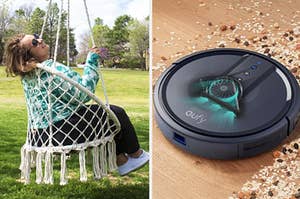 on the left a model in a cream macrame hammock chair, on the right a robot vacuum