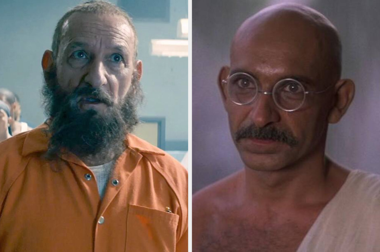 Ben wearing an inmates uniform and as Gandhi for the film