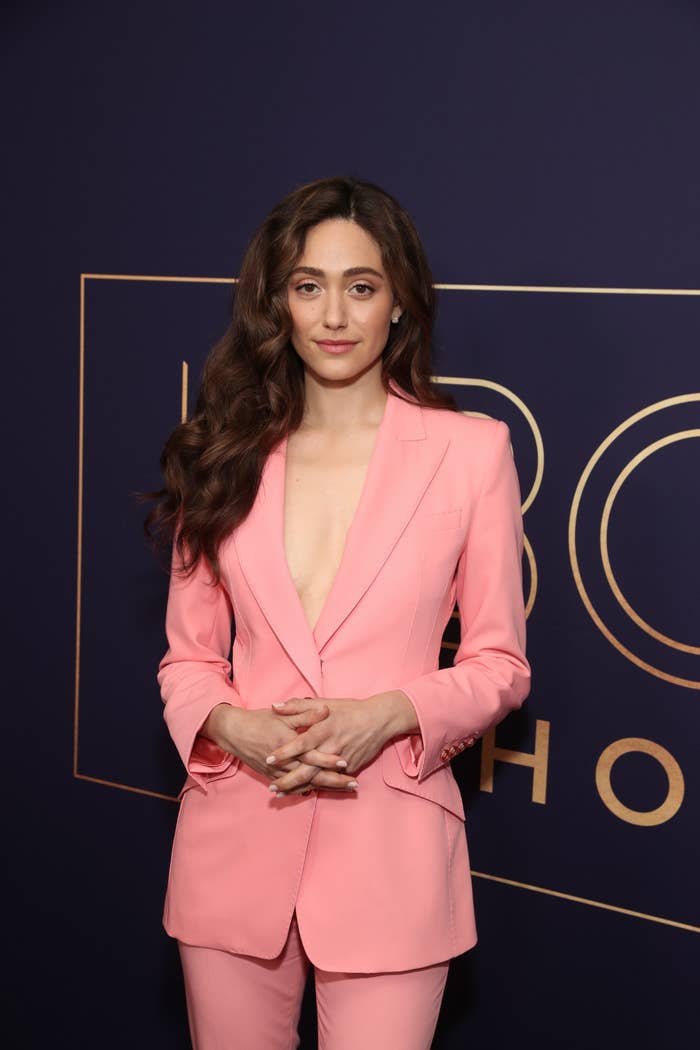 Emily in a pantsuit on the red carpet