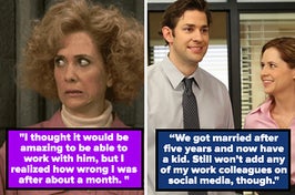 A woman looking worried; Jim and Pam smiling from the Office
