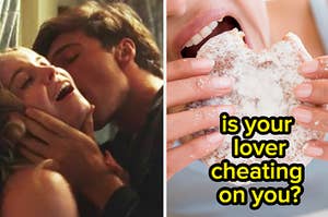 Cassie and Nate are on the left cheating with a woman eating a powdered donut labeled, "is your cheating on you?"