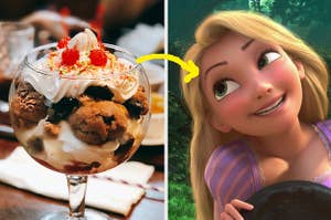 A chocolate chip cookie sundae and a close up of Rapunzel with her head tilted to the side