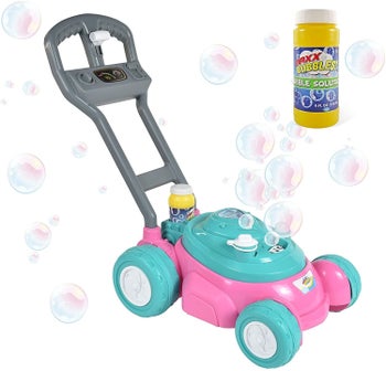The pink and teal bubble lawn mower with a bottle of bubble solution