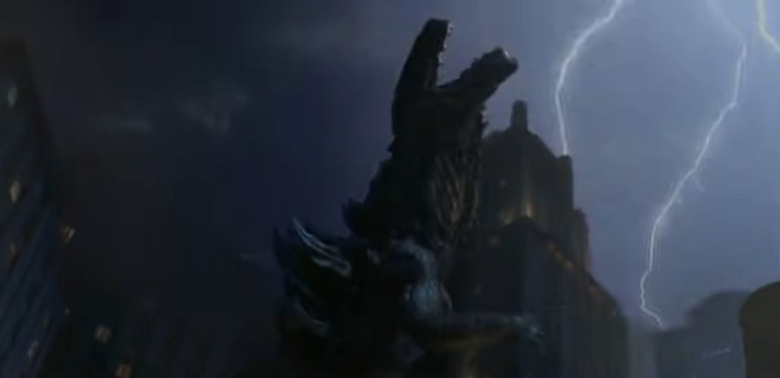 Godzilla howling to the sky with lightning crackling in the sky in &quot;Godzilla&quot; (1998)