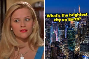 On the left, Elle Woods from Legally Blonde looking off to the side, deep in thought, and on the right, a city skyline at night labeled what's the brightest city on earth