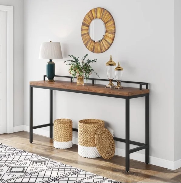 An image of a brown console table that is also suitable for outdoor usage