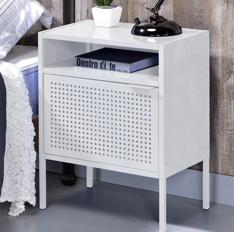 An image of a white metal nightstand with a built-in USB port