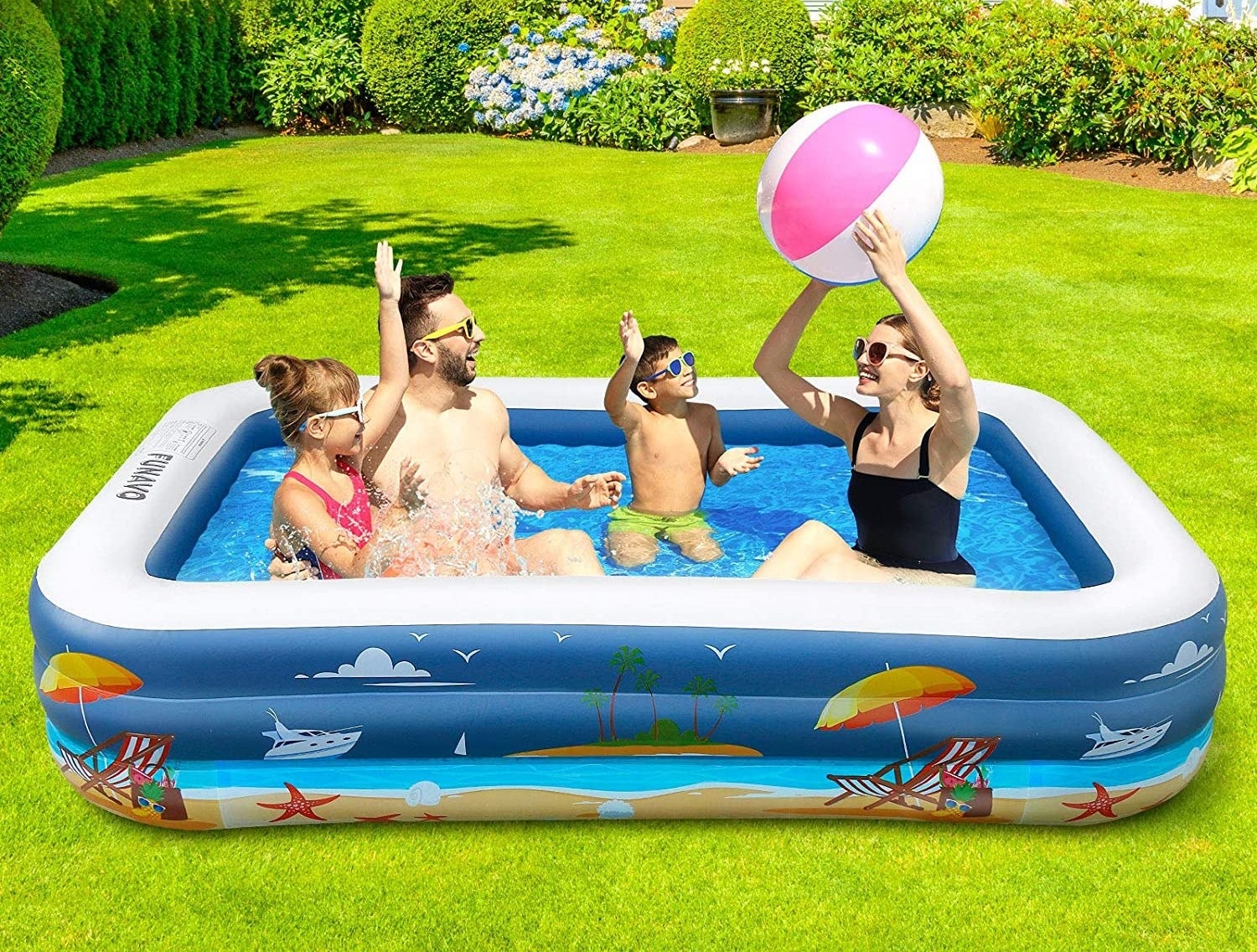 A family playing in the pool