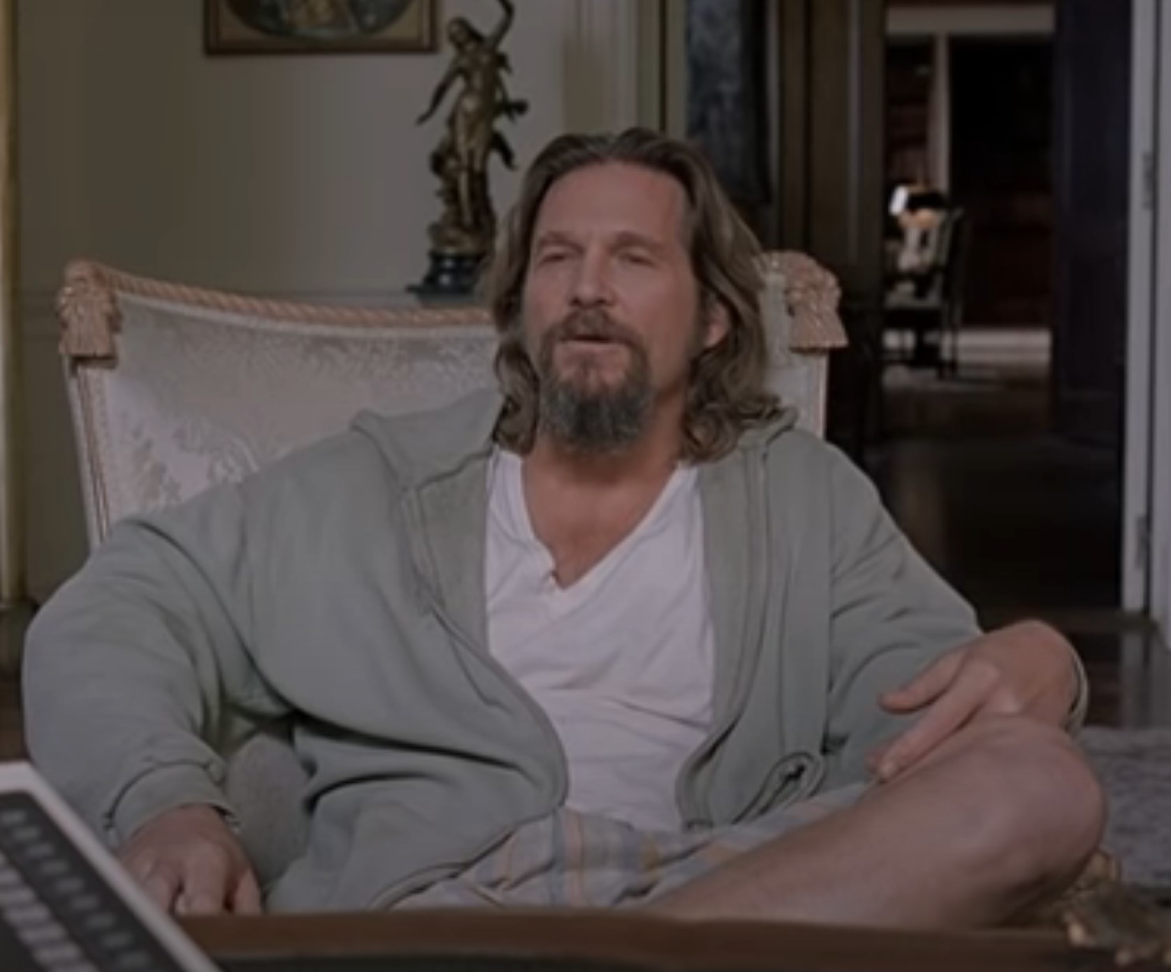 Jeff Bridges as The Dude talks to Jeffrey Lebowski in his mansion