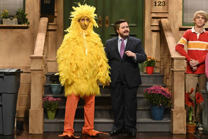 Kyle Mooney as Big Bird, Aidy Bryant as Ted Cruz, and Andrew Dismukes during the Ted Cruz Sesame Street cold open