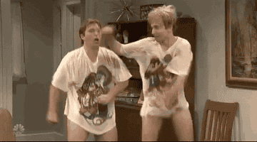 Kyle Mooney and Beck Bennett dancing ridiculously as they play brothers