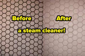 before and after images of a tile floor with dirty grout becoming clean